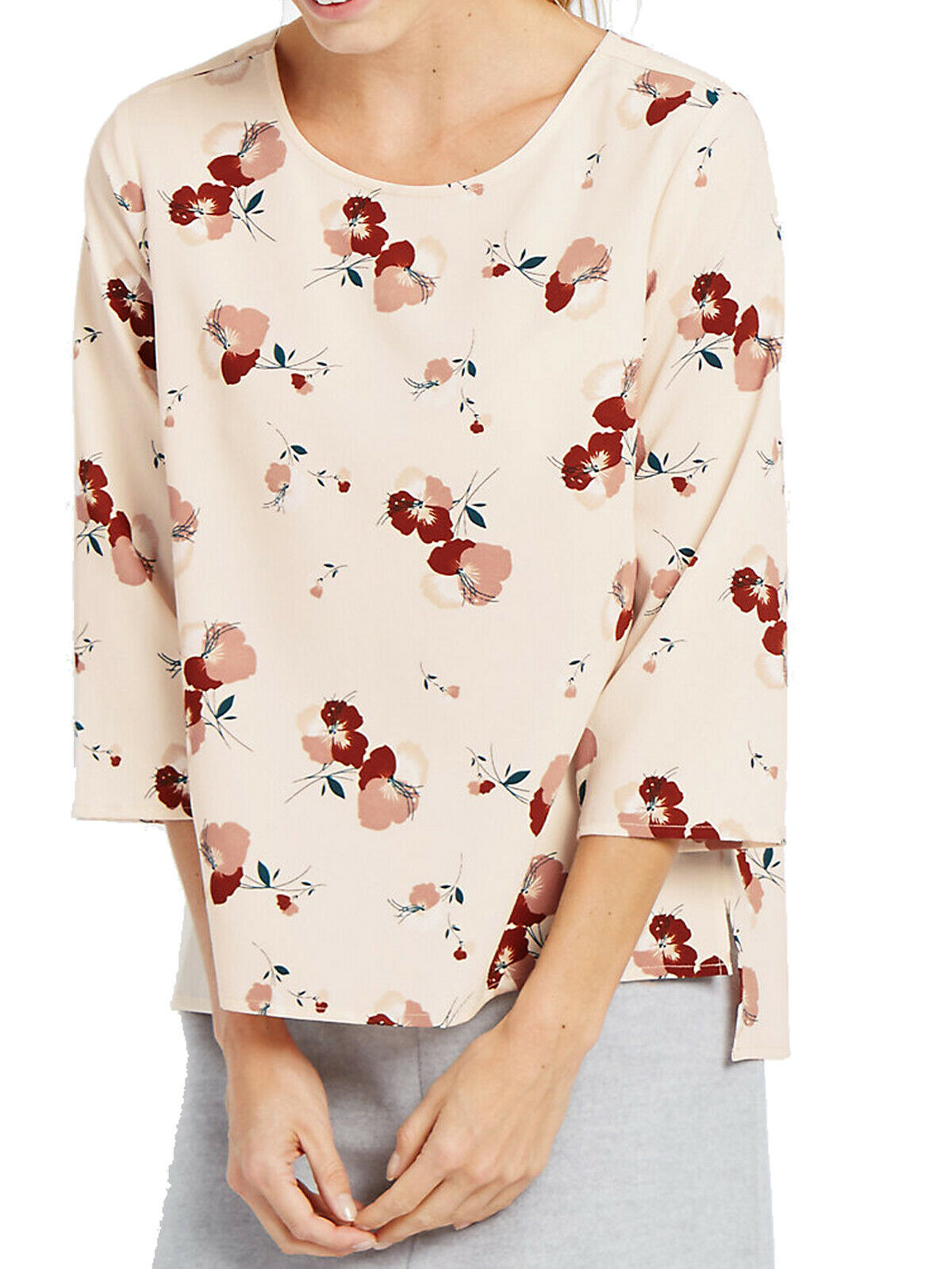 Peach Pink Floral Print 3/4 Sleeve Shell Tunic Top
