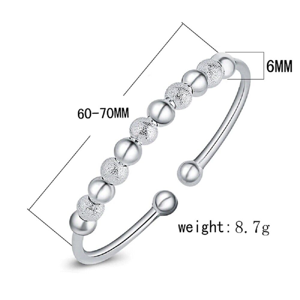 Ladies 925 Sterling Silver Lucky Ball Beads Open Cuff Charms Bangle Bracelet