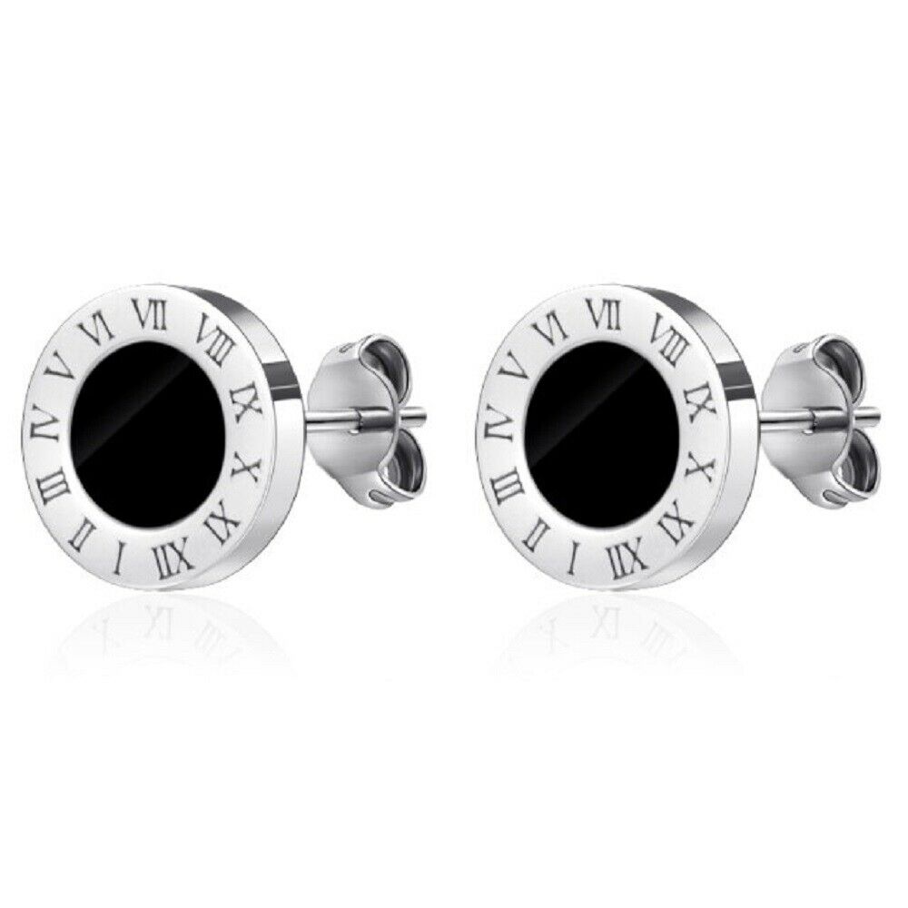 Unisex Round Black Centre Titanium Stainless Steel Roman Numeral Stud Earrings