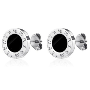 Unisex Round Black Centre Titanium Stainless Steel Roman Numeral Stud Earrings