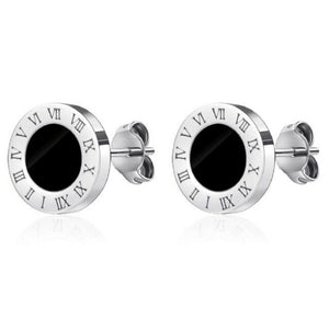 Unisex Round Black Centre Titanium Stainless Steel Roman Numeral Stud Earrings