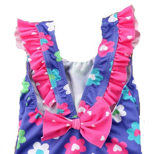 Girls Blue Multi Floral Frill Bow Back All In One Swimming Costume