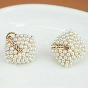 Ladies Vintage Square White Simulated Pearl Rhinestone Stud Earrings