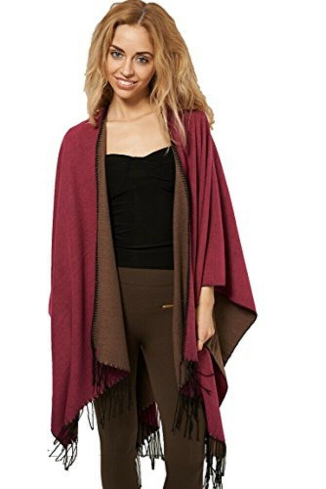 Reversible Knitted Tassel Fringe Poncho Wrap
