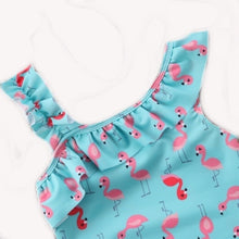 Load image into Gallery viewer, Girls Blue Flamingo Frill Shoulder Straps All In One Swimming Costume
