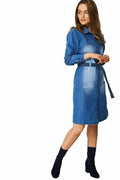 Blue Denim Collared Button Down Belted Dress