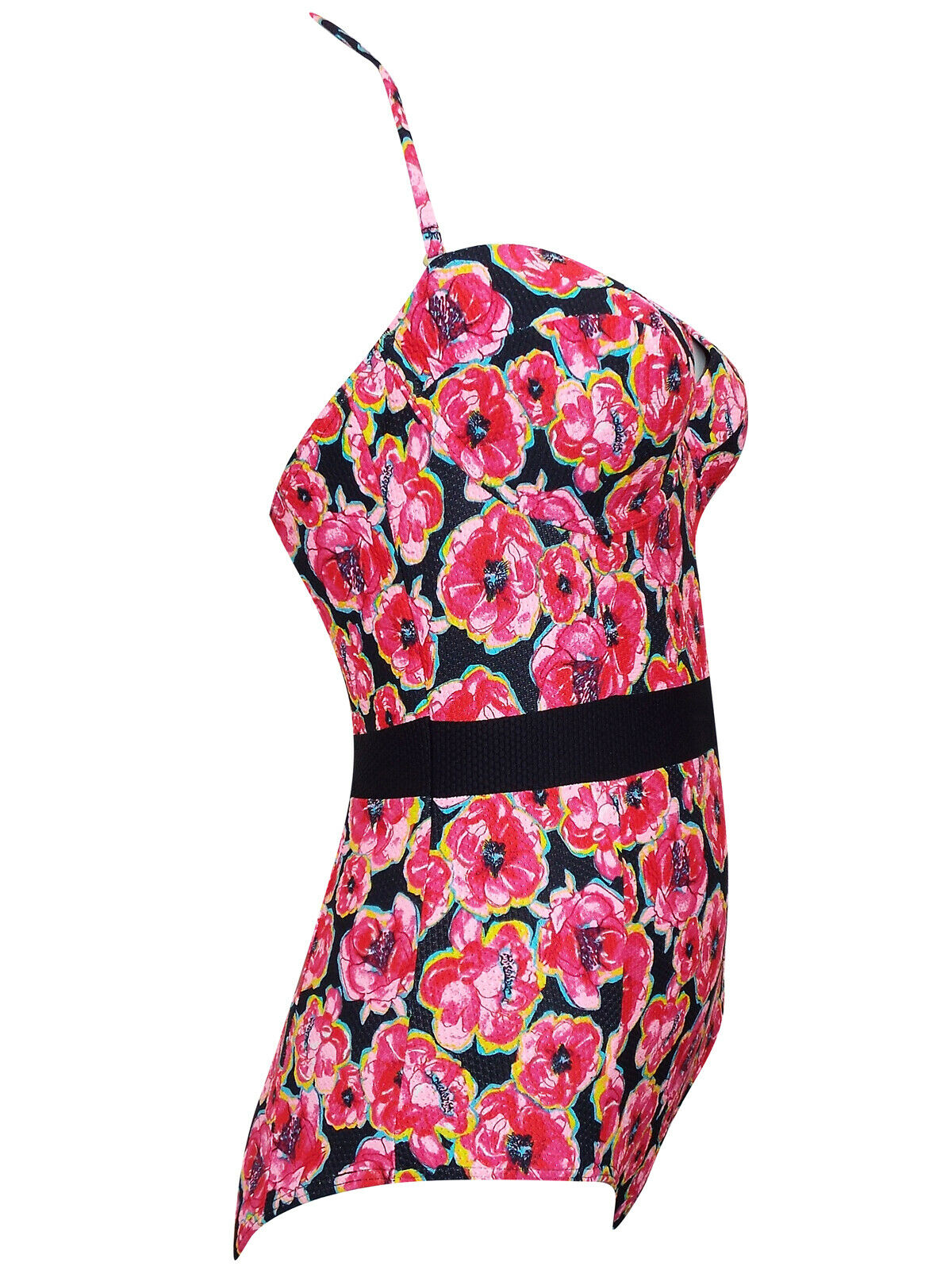 Ladies Pink Poppy Print Detachable Strap Wired Cups Panel Waist Bandeau Swimsuit