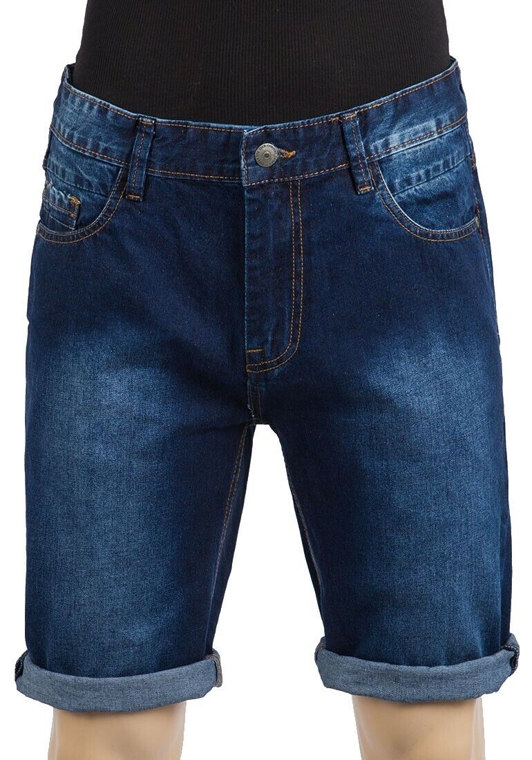 Mens Blue Denim Stretch Cotton Stitching Detail Roll Hem Summer Shorts