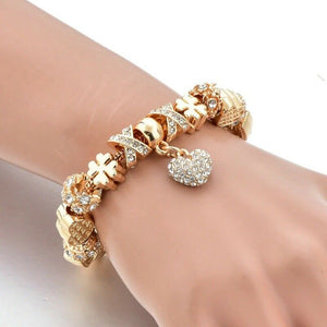 Gold Heart Love Charm & Stars Crystals Rope Chain Pandora Bracelet