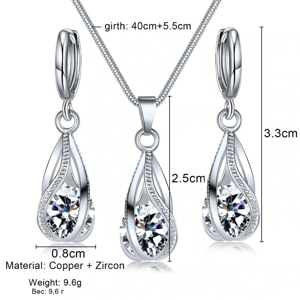 Silver Twirl Ball Water Drop Crystal Earrings & Necklace Set