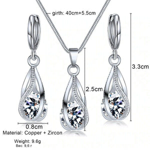 Silver Twirl Ball Water Drop Crystal Earrings & Necklace Set