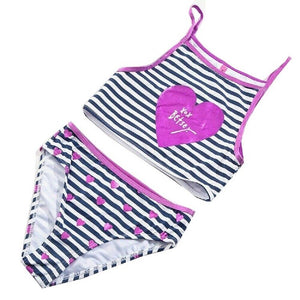 Girls Navy & White Stripe Love Heart Tankini Top & Bottom Swimsuit Set