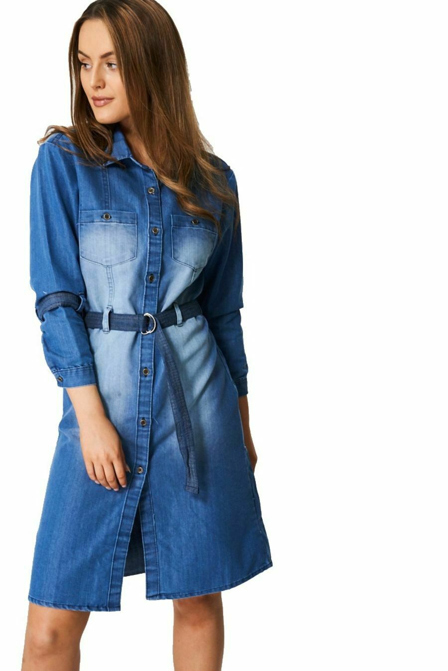 Blue Denim Collared Button Down Belted Dress