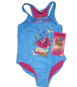 Girls Ed Hardy Turquoise Signature Glitter Designer Swimming Costume