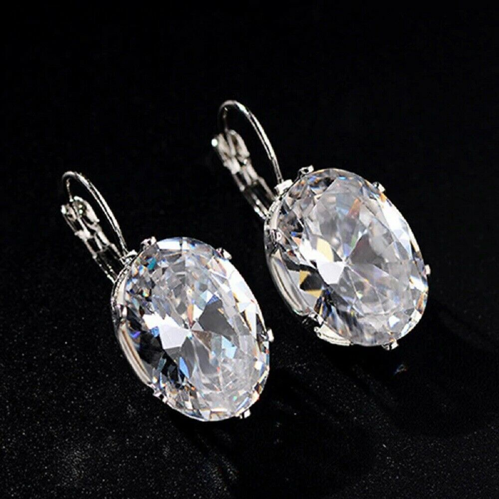 Ladies Silver Clear Crystal Big Oval Zircon Hoop Earrings
