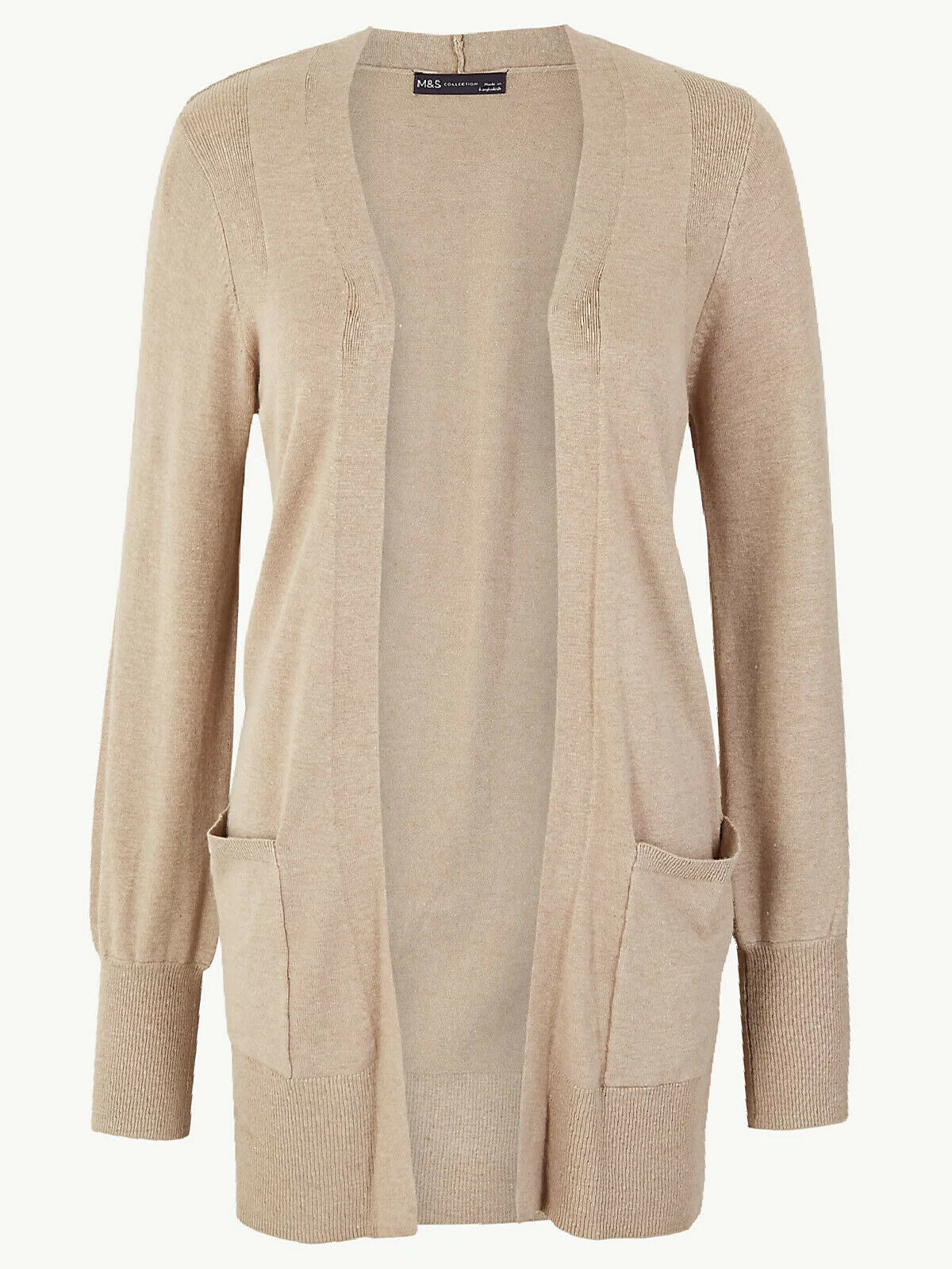 Ladies Beige Open Front Patch Pocket Longline Cardigan