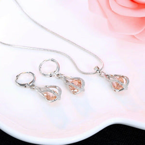 Silver Twirl Ball Water Drop Crystal Earrings & Necklace Set