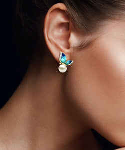 Ladies Green Blue Enamel Butterfly White Pearls Crystal Trim Stud Earring