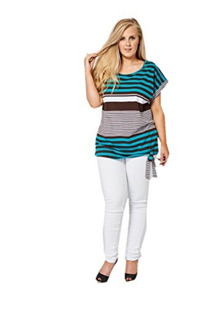 Teal & Brown Large Stripe Print Tie Front Top