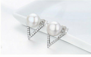 Ladies White Pearl & Micro Pave Cubic Zirconia Triangle Stud Earrings
