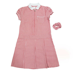 Girls Red Heart Print Collar Gingham Check School Dress + Hair Bobble