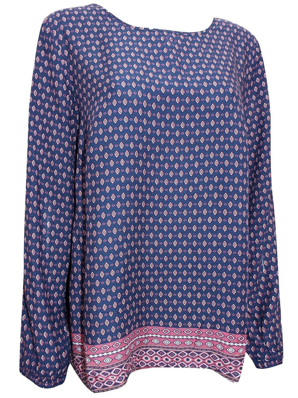 Navy Border Print Long Sleeve Patterned Tunic Top