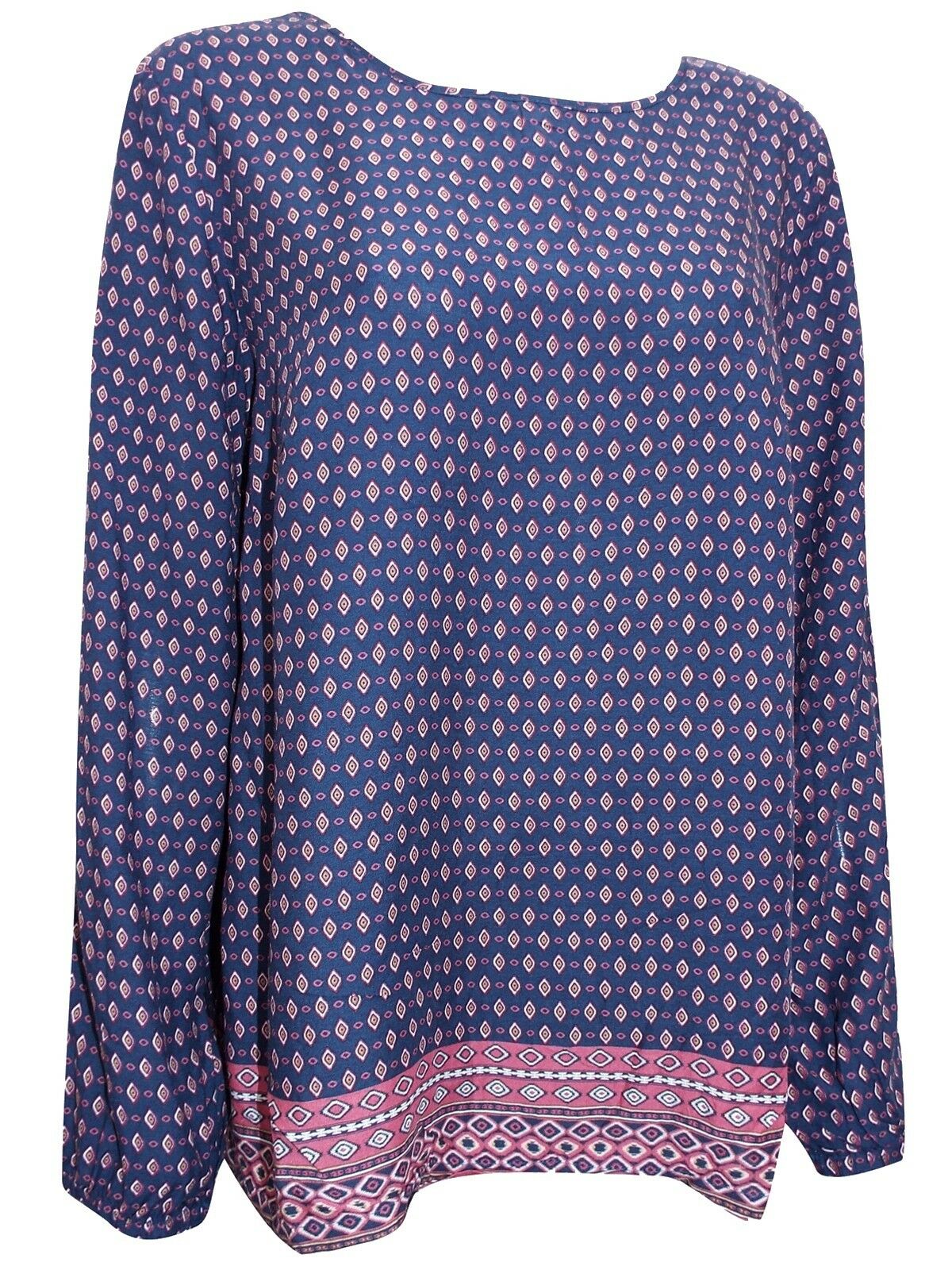 Navy Border Print Long Sleeve Patterned Tunic Top