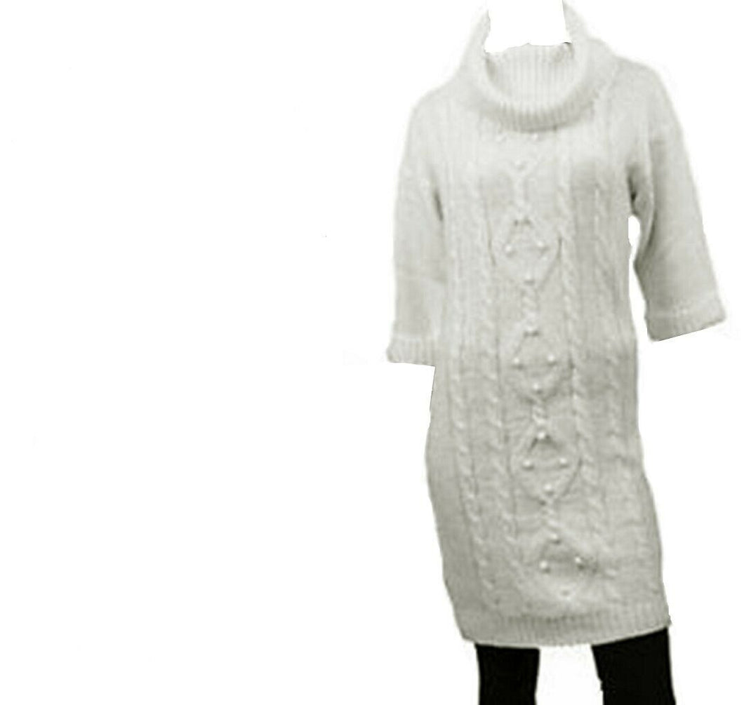 Cream Bubble Thick Knitted Roll Neck Jumper Dress