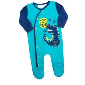 Baby Boys Sleepsuit Blue T-Rex Motif Plus Beanie Hat Romper Baby Grow