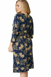 Navy & Yellow Belted Drawstring Waist 3/4 Sleeves Dress
