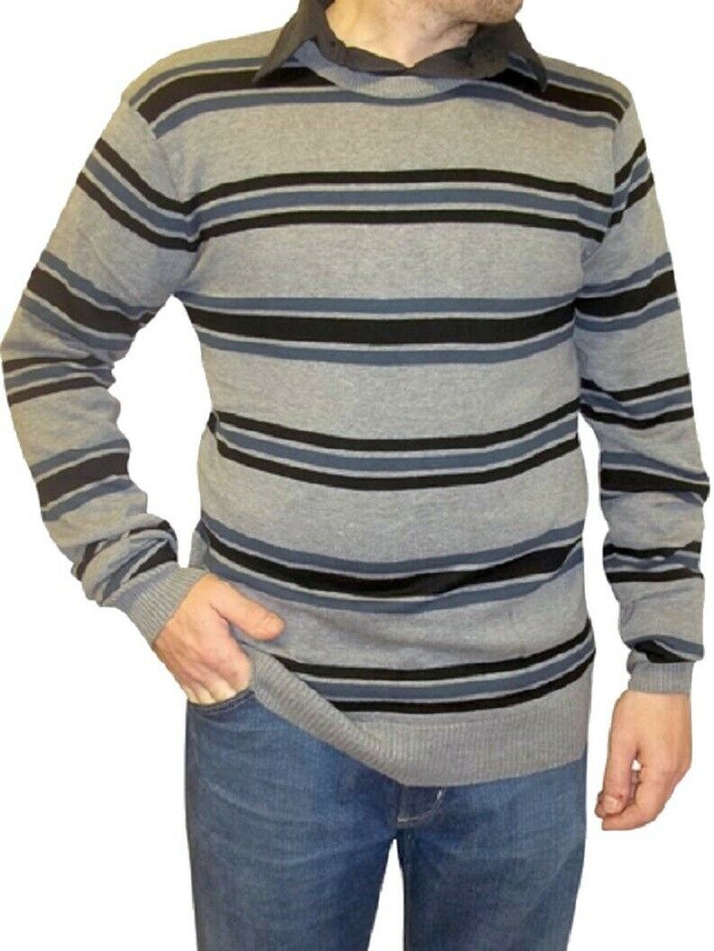 Grey & Black Multi Striped Cotton Rich Jumper