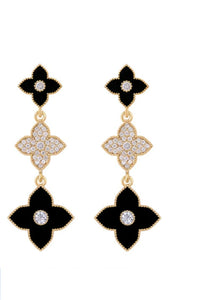 Ladies Black Four-Leaf Clover Zircon Crystal Dangling Stud Earrings