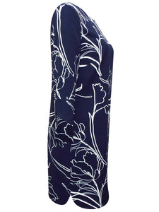 Ladies Navy & White Floral Print Keyhole Back 3/4 Sleeves Dress