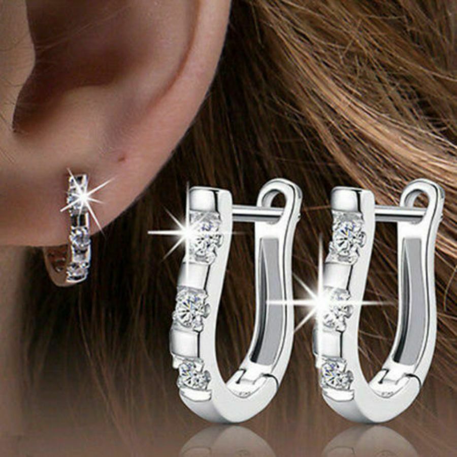 925 Silver Small U Shaped Crystal Hoop Huggies Earrings