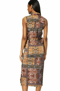 Brown Multi Belted Abstract Print Dress