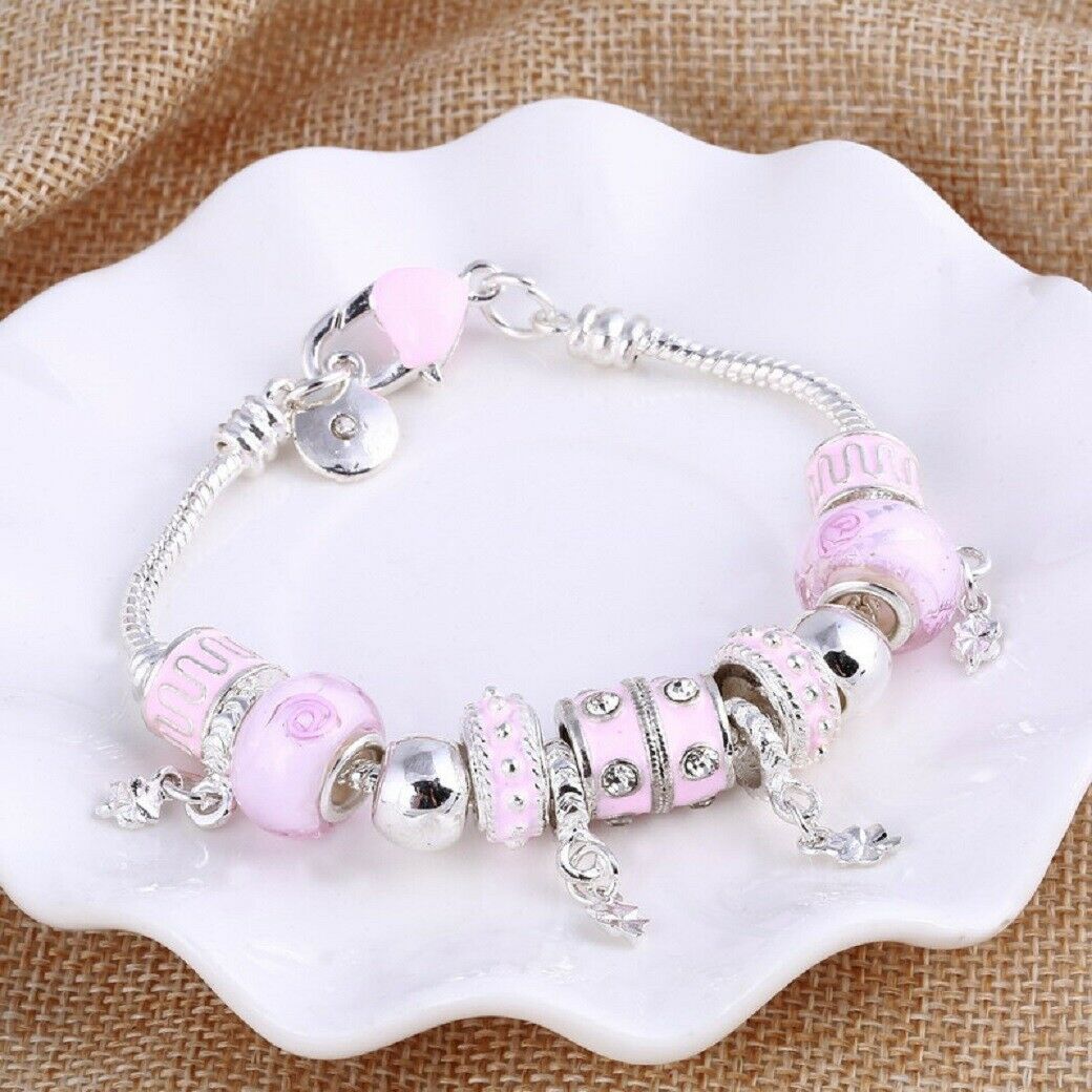 Silver & Pink Charms Beads Crystal Pandora Style Bracelets