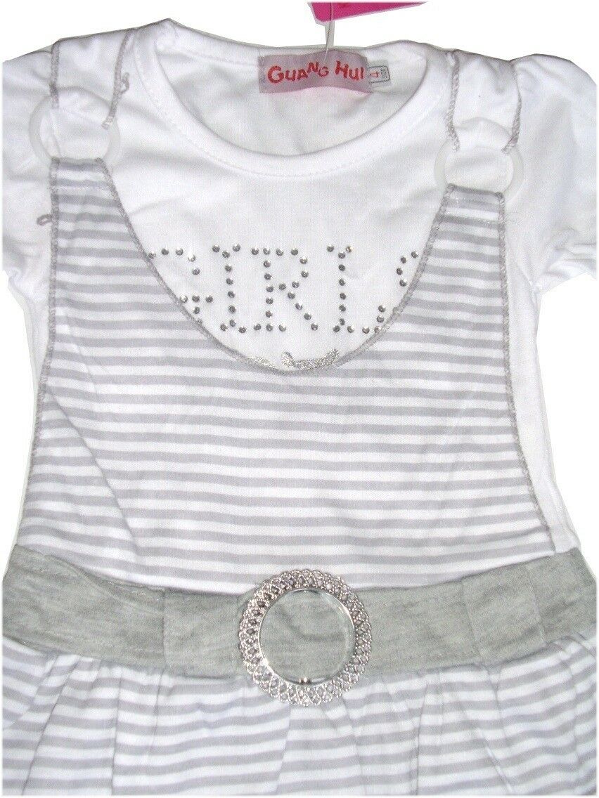 Grey & White Striped Short sleeve Top Dress & Leggings Set