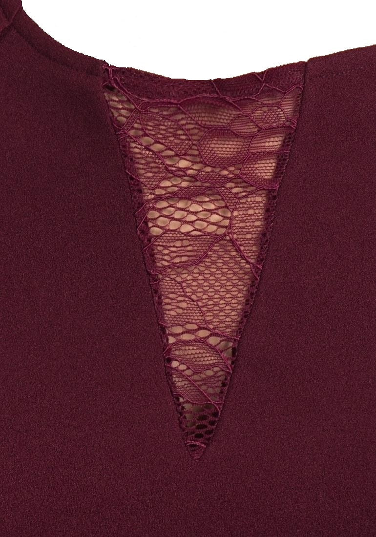 Burgundy Lace & Frill Long Sleeve Stretchy Peplum Top