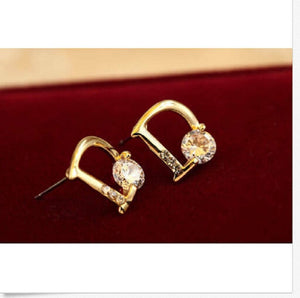D Shape Crystal CZ Earring Gold Tone Stud Earrings