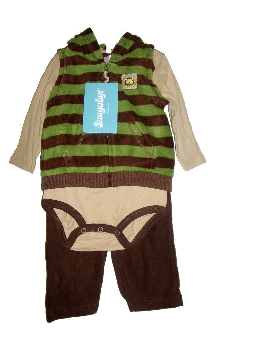 Baby Boys Sleepsuit Green & Brown Striped Hooded 3Piece Romper Set