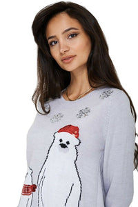 Unisex Adult Grey Seqiun Polar Bear  Knitted Christmas Jumper
