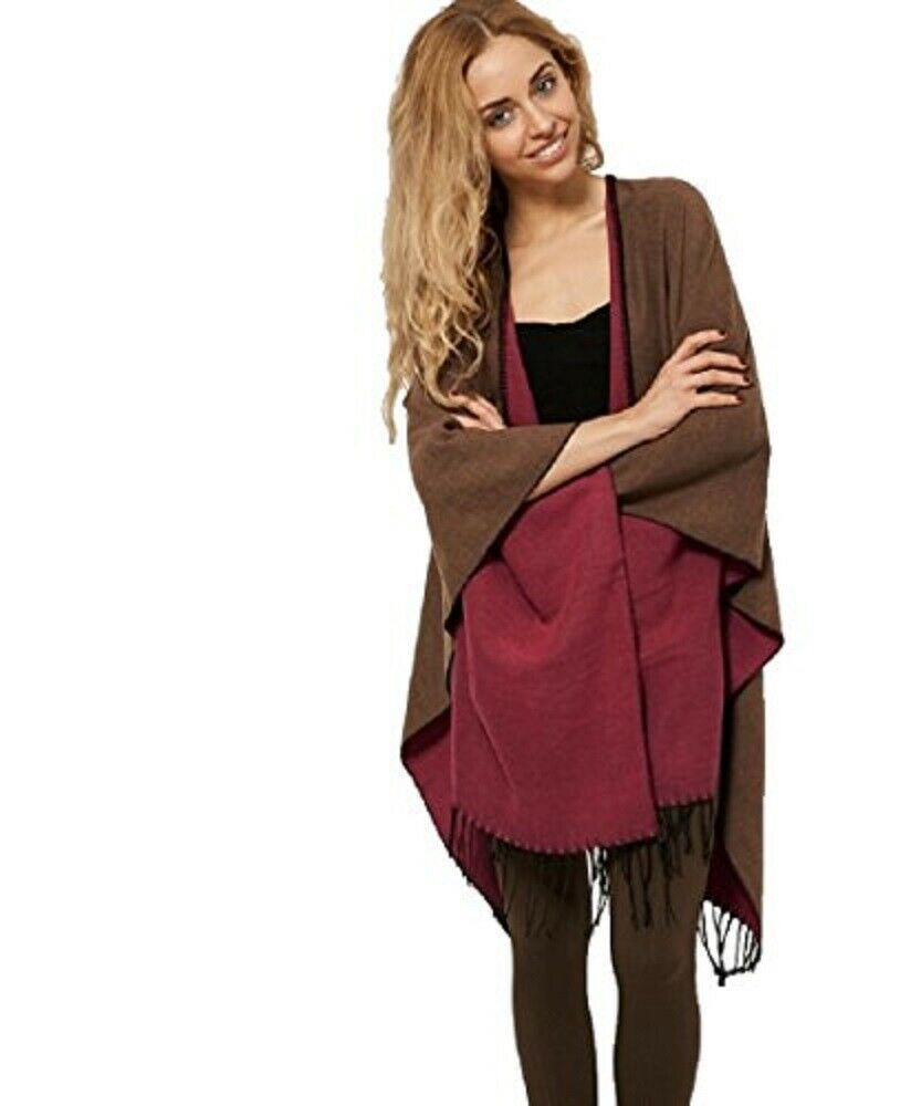 Reversible Knitted Tassel Fringe Poncho Wrap