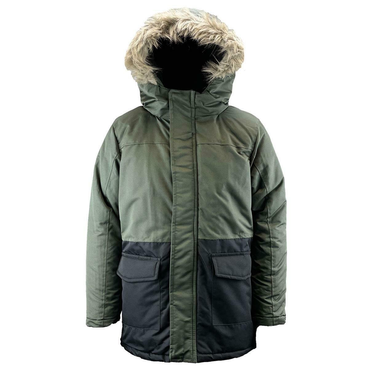 Boys Olive & Black Padded Fleece Lined Parka Hooded Coat