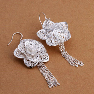 Silver Plated Fashion Chain Flower Tassel Hook Earrings