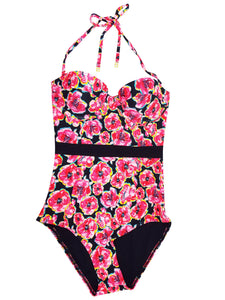 Ladies Pink Poppy Print Detachable Strap Wired Cups Panel Waist Bandeau Swimsuit