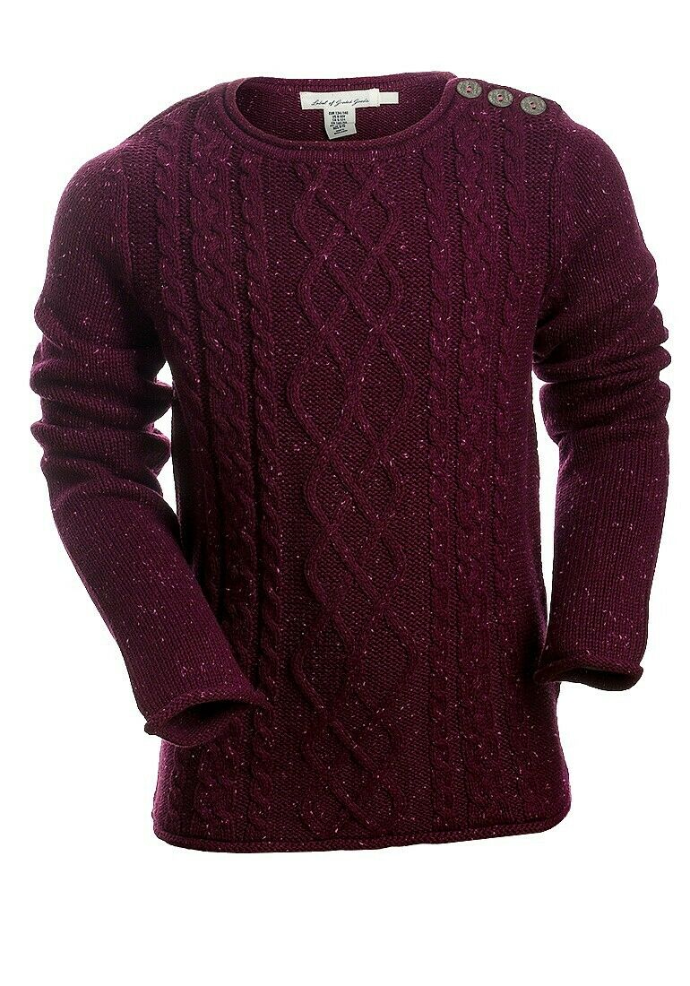 Girls Cable Knit Triple Button Shoulder Roll Edges Cotton Jumper