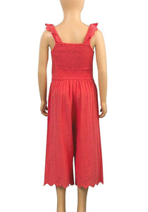 Girls Coral Cotton Lace Frill Trim Sleeveless Jumpsuit.