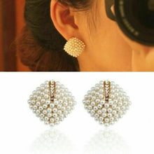 Load image into Gallery viewer, Ladies Vintage Square White Simulated Pearl Rhinestone Stud Earrings
