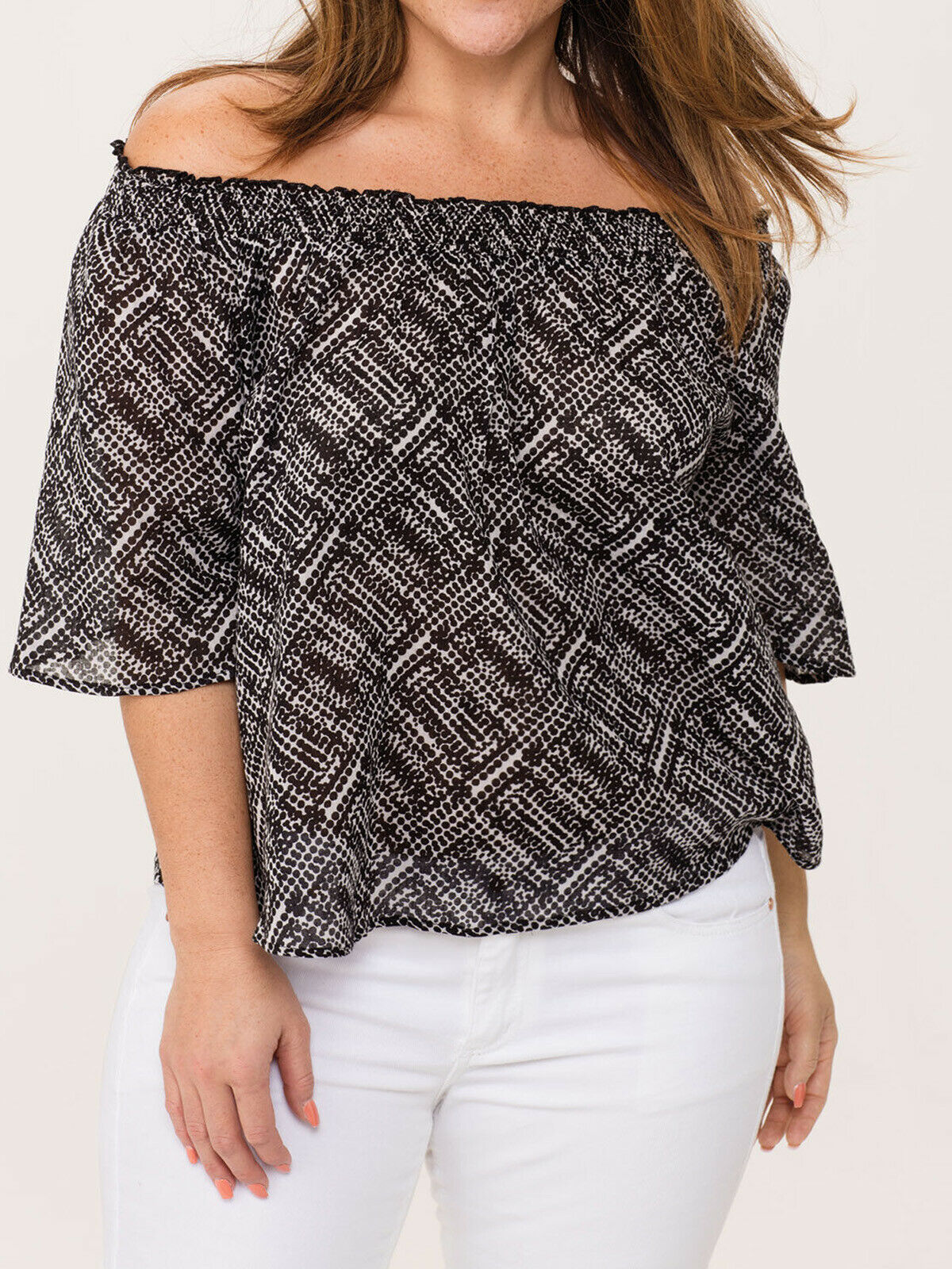 Black Printed On Off Shoulder Panel Bardot Top