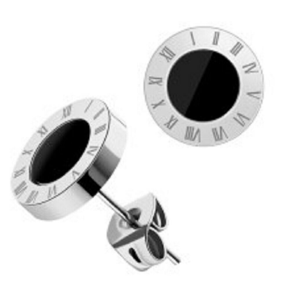 Unisex Round Black Centre Titanium Stainless Steel Roman Numeral Stud Earrings